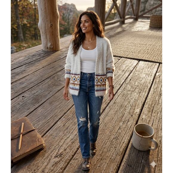 Anthropologie Sweaters - Anthropologie Sweet and Sinful Aztec Tribal Fuzzy Cardigan Boho Western Style